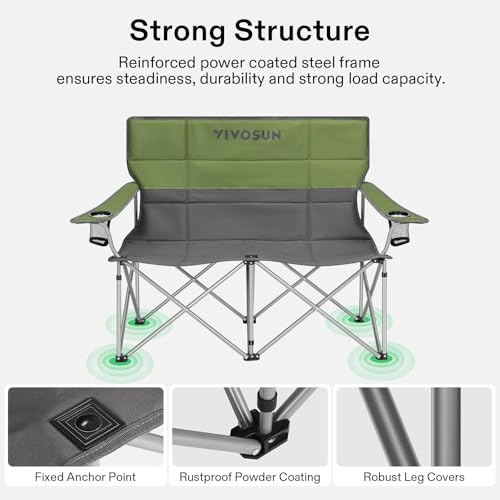 Image of [outlets]VIVOSUN Double Camping Chair, Fully Padded Folding Loveseat, Portable Oversized Duo Chair with Storage Cup Holders, Height-adjustable Armrests & Carry Bag, Supports up to 500lbs, Green & Grey