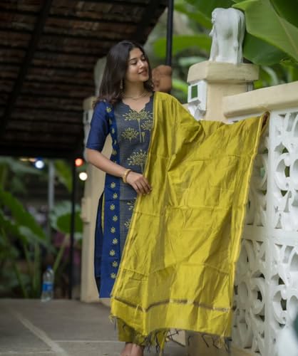 Image of GoSriKi Kurta Sets for Women Viscose Blend Printed | Kurta Pant Dupatta Set | Straight Kurti Set for Women | Pan Shape Neck Elbow Sleeve Ethnic Suit | Designer Indian Kurti Outfit with Pants