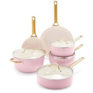 GreenPan Reserve Hard Anodized Healthy Ceramic Nonstick Cookware Set, 10 Pieces, Includes Frying Pans, Sauté Pan and Stockpot, Gold Handle, PFAS-Free, Induction, Oven Safe, Blush Pink