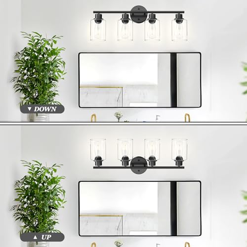 Image of 4-Light Black Bathroom Light Fixtures, E26 Modern Vanity Lights for Bathroom with Clear Glass Shade, Wall Lamps for Mirror Hallway Kitchen Cabinet Living Room Sconces Lights