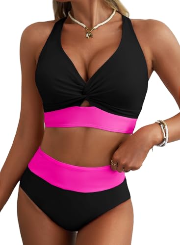 Herseas Women's High Waisted Black Bikini Sets Twist Front Top Swimsuits Adjustable Shoulder Straps Full Coverage 2026 Summer Bathing Suits Fashionable Cruise Outfits Black Pink Contrast Medium