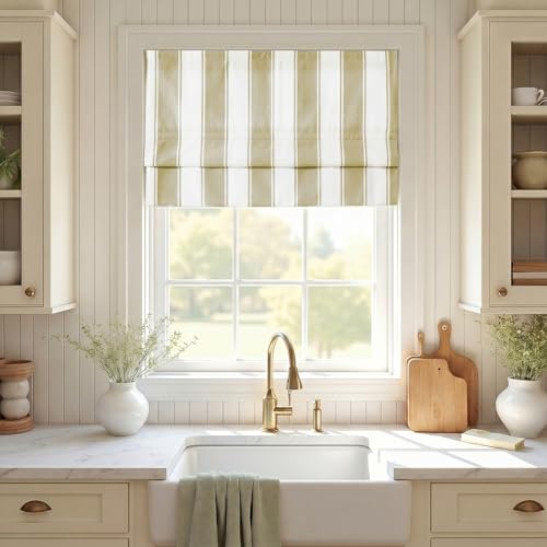 Image of TWOPAGES No Drill Wide Stripe Roman Shades Cordless Roman Blinds for Windows, Custom Made Light Filtering Blackout Blinds Farmhouse Shades for Kitchen, Khaki Bordered Wide Bar, 1 Piece