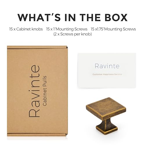 Image of Ravinte Cabinet Knobs Antique Brass Square Knobs, Drawer Knobs, 15 Pack | Single Hole, Solid Metal, Easy Install, Screws Included, Rust-Resistant, For Cabinets, Drawers, Dressers