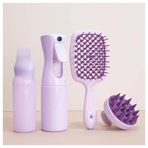 Kit Capilar com Escova Desembaraço, Pente Aplicador Óleo e Tintura, Borrifador e Massageador Limpeza a Seco - 4 Pçs (Lilás)