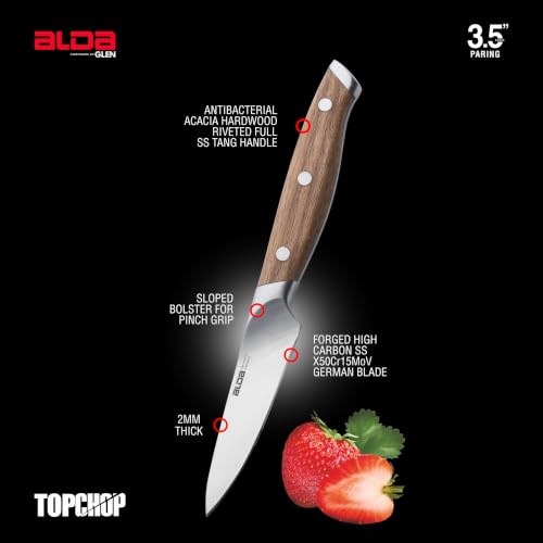 Image of Alda Top Chop Paring Knife 3.5 Inch (9 cm) - Carbon Stainless Steel Blade|Full Tang Acacia Wood Handle|Precision Peeling|Trimming, Carving & Coring Knife for Apple, Strawberry, Garlic & Potato, 57 HRC