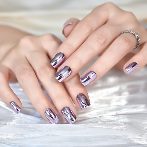 Press on Nails Metallic Mirror Purple Fake Nail |UV Medium-short ...