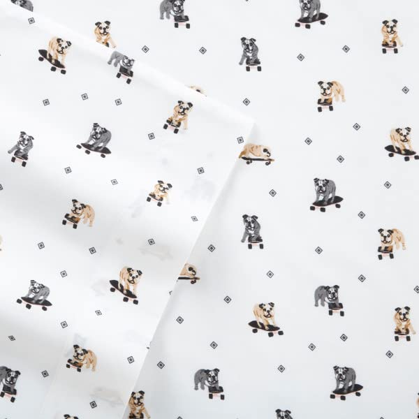 Image of Poppy & Fritz - Twin Size Sheet Set, 100% Long-Staple Percale Cotton Bedding, Crisp & Cool, Deep Pockets, Bed Sheets with Matching Fitted Sheet & Pillowcase (Skateboarding Bulldogs Grey)