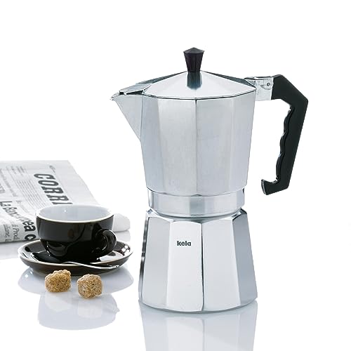 Foto von kela Espressokocher für 3 Tassen, Espressokanne 150ml, Kaffeekocher Aluminium, ITALIA, Espressomaschine für Herdplatte, alle Herdarten außer Induktion, silber matt