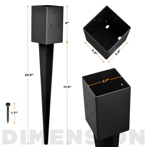 Fence Post Anchor 4''x4'', Heavy Duty Metal Fence Post Anchor Ground Spike 24''x4''x4'' for Mailbox, Bird Feeder, Decking, Banner, with The Black Powder Coating Cover on The Surface (Set 6)