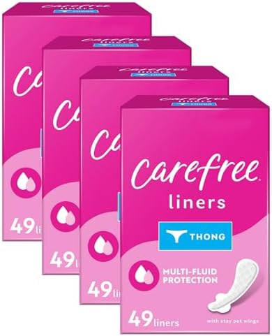 Carefree Panty Liners for Women, Thong Liners, Unwrapped, Unscented | Pantiliners, Carefree Liners, Daily Liners for Women, Light Periods and Leaks | 196ct (4 Packs of 49ct) (Packaging May Vary)