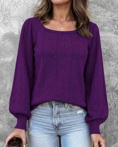 Image of HOTOUCH Sweaters for Women 2026 Fall Trendy Tops Casual Puff Sleeve Square Neck Cute Tunic Pullover Blouses XS-XXL