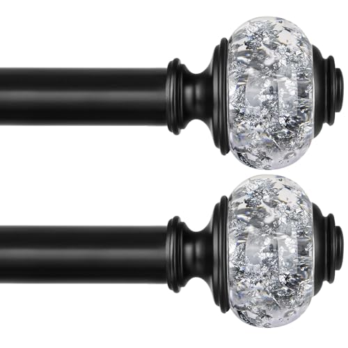 2 Pack Black Curtain Rods, 1 Inch Telescoping Drapery Rod 28 to 48 inch (2.3 to 4 ft), USFOOK Curtain Rods for Windows, Silver Translucent Finials