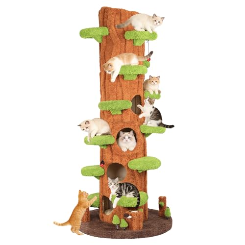 NUNU LAB 90.5 Inch Tall Large Cat Tree Magic Forest Solid Wood Cat Tree Tower with Sisal Scratching Posts Multi-Level Cat Condo with Side Hideaway Cave Heavy Duty Cat Tree for Large Cats Green