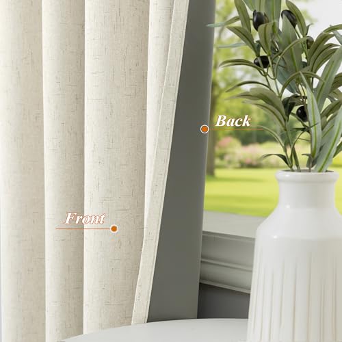 Image of 100% Blackout Linen Textured Curtains for Bedroom Full Light Blocking Room Darkening Bronze Grommet Window Drapes Thermal Insulated Energy Efficient Home Decor 52x72 Natural (2 Panels)