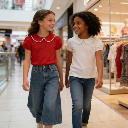 Image of LYSMuch Girl Short Sleeve Peter Pan Collar Shirt Kid School Polo Shirt