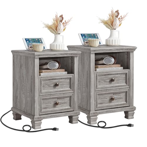 SAVOR LIFE Farmhouse Nightstand Set of 2 with Charging Station, Rustic Grey Nightstand,2 Drawers End Table for Living Room,Bedside Table with Open Shelf for Bed Room,Grey