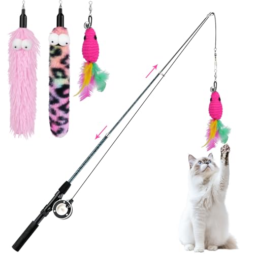 Pawaboo Katzenangel Spielzeug, Katzenangel mit 3er-Pack Feder-Ersatz, 3-teilige Ausziehbare Kätzchen-Federspielzeuge mit Rolle, Katzen-Teaser Fänger Trainingsspielzeug mit Glocke, Rosenrot + Rosa