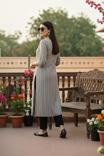 Image of Saanjh Women's Fit Straight Cotton Blend Long Kurta, 3 /4 Sleeve, Knee Length Kurtis, Casual and Office Wear