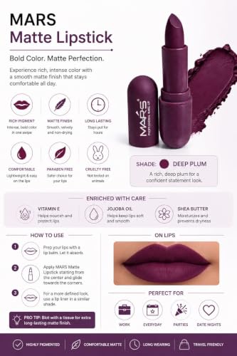 Image of Mars-Matte Creamy Lipstick | Non-drying, Highly pigmented Lipstick | Shade- multisades, 3.8gm| (Plum)