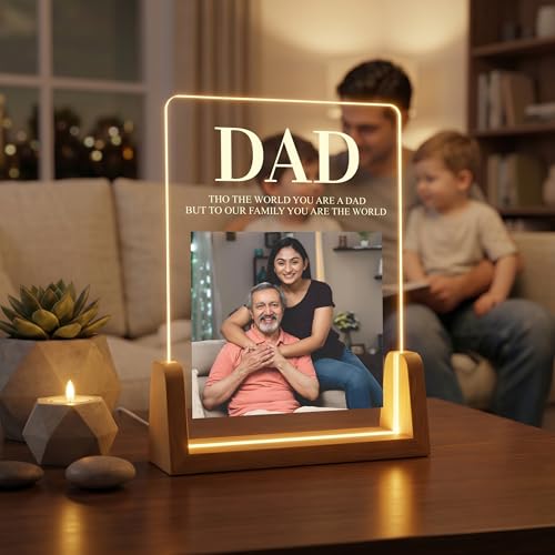 Image of Giftplease Fathers Day Personalized Rectangular Acrylic Wood Tabletop Photo Frame | Warm Led Light Base Custom Single Picture Layout Serif Typography Desktop Night Decor for Dad Papa Husband