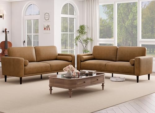 Image of HIFIT 79'' Mid Century Modern Faux Leather Couch Set for Living Room, Brown | 3 Seater Sofa Set, Deep Seat, Plush Cushion, Performance Pocket Spring, 2 Pillows, 800lb Capacity Home Sofa for Office, Brown