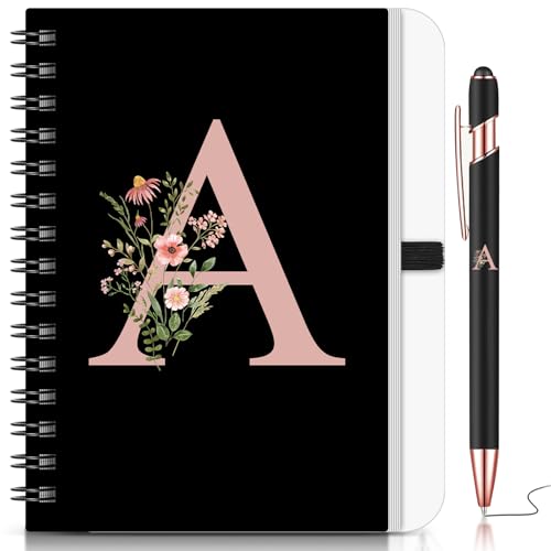 BBTO 2 Stück Personalisiertes B6 Notizbuch mit Initialen Blumen Notizbuch B6 mit Stift Tagebuch Geschenk für Weihnachten Schule Freundin Schwestern Frauen Kollegen Geburtstag Abschluss(Buchstabe A)