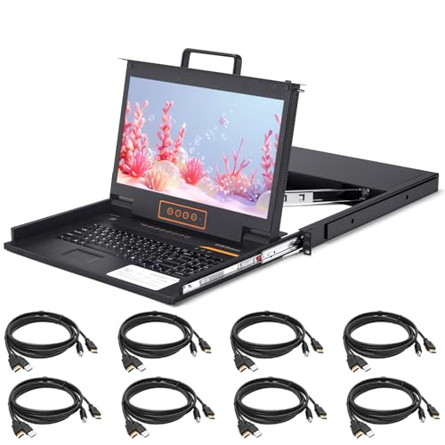 Image of 1U Rack Mount KVM Console - 17.3'' 1080P Rackmount Monitor Keyboard and 8 Port HDMI KVM Switch, 50,000 MTBF, OSD /Hotkey /Button Switching, Fits 19'' Rack, HDMI KVM Cables and Ground Wire Included
