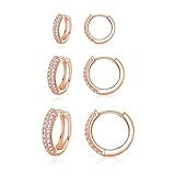 Cangall Creolen Silber 925 Damen Ohrringe, 3 Paare 925 Sterling Silber Creolen Ohrringe Set, Rose Gold Klein Schlafen Creolen Ohrringe mit AAAAA Zirkonia, Unisex Creolen Ohrringe Set in 10, 12, 14mm