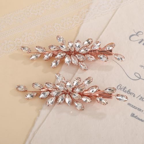 Teyglen Rhinestone Bridal Hair Clips Crystal Wedding Hair Barrette for Women Decorative Hair Accessories Jewelry Sparkly Crystal Hair Piece (Rose gold)
