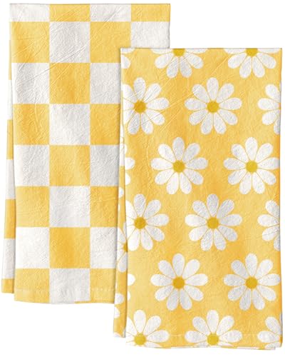 Image of Miss Adola 2 Pack Flour Sack Kitchen Towels - 16x26 Inch Cotton Dish Towels with Hanging Loop Reusable Geometric Modern Retro Tea Towel Absorbent Dishcloths Home Decor, Yellow Daisy