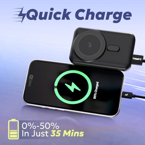 Image of Tempt Flair 10000mAh MagSafe Power Bank with 22.5W Fast Charging, Black | Built-in Kickstand, 4-LED Indicator, Dual Output Ports, 15W Wireless Support, Smart Safety Protection, Travel-Friendly Design