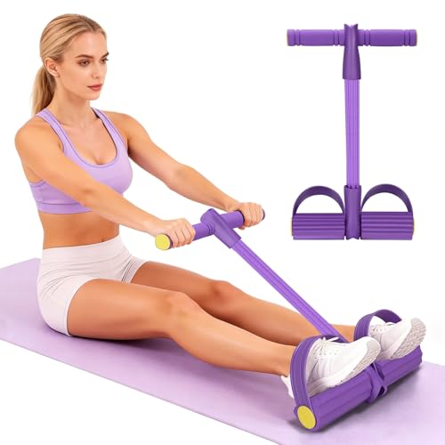 Resistance Bands with Handles 6 Tube Multifunction Tension Rope, Sit-Up Exercise Equipment with Foot Pedals and Handles，Pedal Resistance Band for Abdomen, Waist, Arm, Leg (Purple)