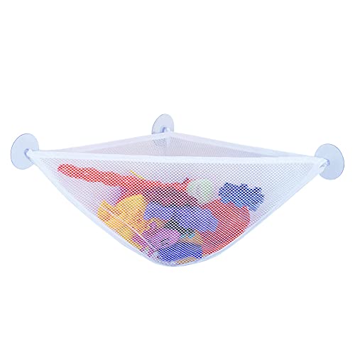 Image of Bath Toy Organizer, with 3 Strong Suction Cups Mounted Bath Toy Storage Net & Bathroom Corner Shower Caddy Bag Bathroom Storage Bag (White)