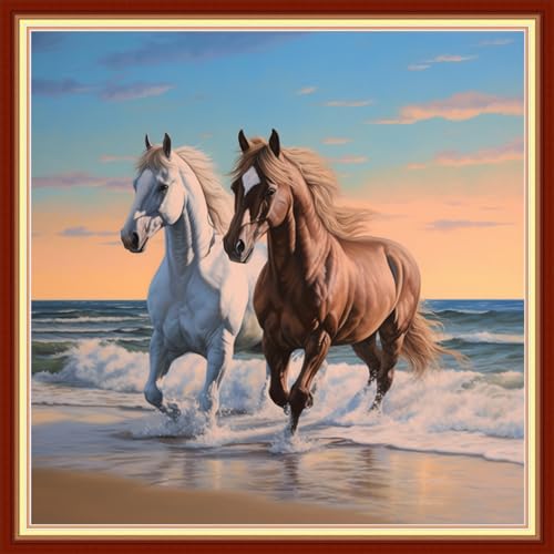 Image of Disxvivy Cross Stitch Stamped Full Embroidery Kits DIY 11CT Cotton Thread Printed DIY Needlepoint Kits Craft Needlework Set Cross-Stitch Stamped Sets-Beach Steed 18x18 inch