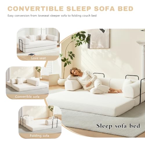 Image of 80 Inch Multi-Functional Convertible Sofa Bed, Fixed Shape Frame, High Density Foam with Corduroy, Easy Assembly, for Living Room and Bedroom. (Beige)