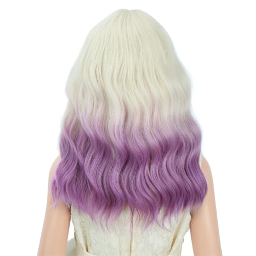Image of PATTNIUM Girls Purple Ombre Short Curly Wavy Wig with Bangs Kids White Ombre Purple Bob Wigs Synthetic Halloween Costume Cosplay Party Wigs