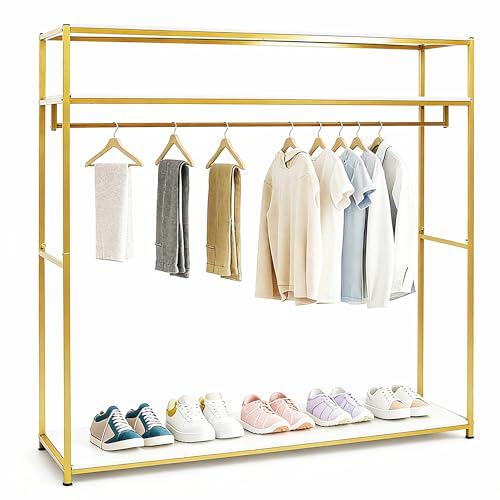 Portant à vêtements doré avec étagère, en métal robuste, design carré, 150 x 40 x 180 cm, avec 3 étagères, pour manteaux et robes de mariée,...