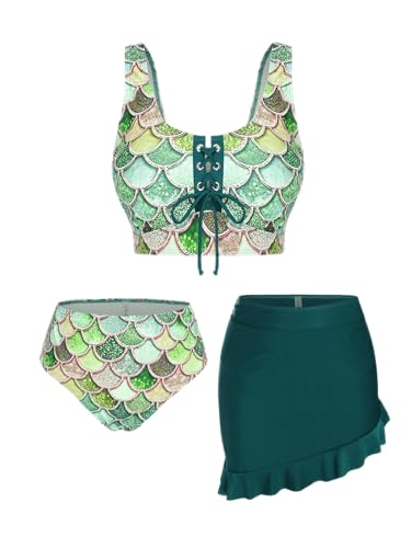 Rosegal Plus Size Women 3 Piece Tankini Swimsuit Holographic Mermaid Scale Print Lace-up Bathing Suit Swimwear