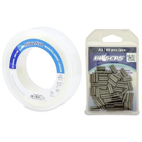 Triple Fish Fishing Bundle: 300 lb Monofilament Leader (70 yd), 60 HI-SEAS Mini Double Barrel Copper Sleeves (2.2 mm ID), Black Cover