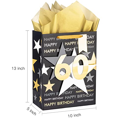 Image of Loveinside Birthday Gift Bag with Tissue Paper and Greeting Card for 60 Birthday - 13 inch x 10 inch x 5 inch, 1 Pcs, Black Gold