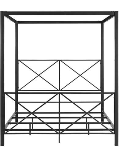 Image of Metal King Size Poster Bed Without Storage | Wrought Iron Canopy King Poster Bed Frame with Headboard & Footboard | Cot Without Storage | Metal Furniture for Bedroom, (Design 3-Black)