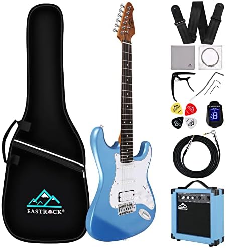EASTROCK 39 inch Full-Size Electric Guitar Kit for Beginner Starter with 10w Amp, Bag, Capo, Shoulder Strap, String, Cable, Tuner, Picks. (39" Right Handed, Haze blue)