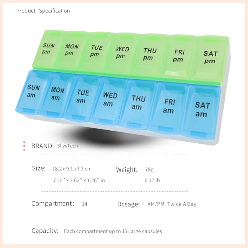 Image of 7 Day Weekly Pill AM PM Organizer, ShysTech Large Pill Case Pill Box for Pills /Vitamin /Supplements /Medication (Blue /Green) (Pack of 2)