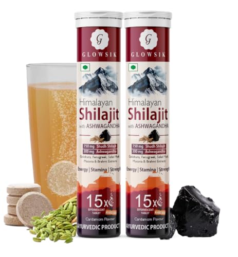 Image of GLOWSIK Himalayan Shilajit Original (750mg) 30 Effervescent Tablets, With Ashwagandha, Gokshura & Safed Musli for Strength, Performance & Muscle Recovery, Cardamom Flavour | Ayush Approved | Pack of 2