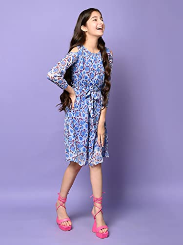 Image of LILPICKS Girls Floral Printed Cold Shoulder Fit n Flare Dress (Blue White)