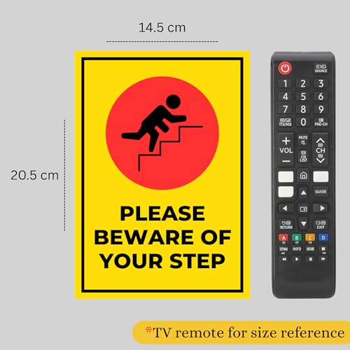 Image of BEWARE OF YOUR STEP Sign Board Sticker (20.5 x 14.5 CM) | Peel & Stick with 4 Pre-Made Holes | Waterproof Safety Warning Sign | Pack of 2 (BEWARE OF YOUR STEP, Medium -20.5 x 14.5 CM)