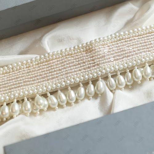 Fashions White Pearl Kamarband Maggam Work Cloth Waist Hip Belt Streachable Kamarpatta Lehenga Sontada Belt Aari Work Saree Kamarbandh Vaddanam For Wedding (Medium, White)3