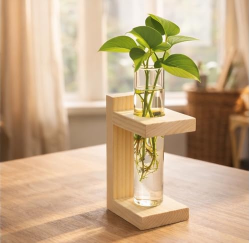 Glass Test Tube Plant Holder with Wooden Stand, Desktop Propagation Vase for Indoor Plants (Single Test Tube Plant Holder Wooden Stand | Hydroponic Plant Vase | Modern Home Decor)-image-33