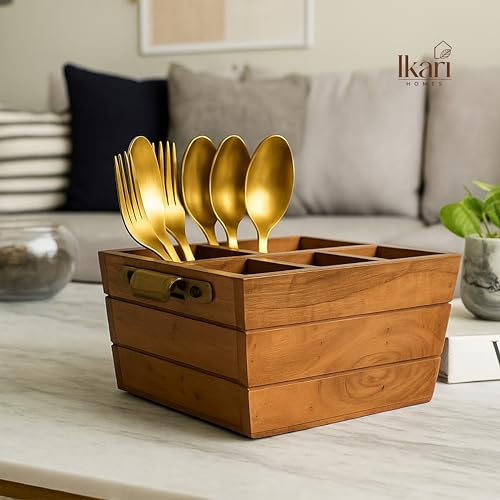 Image of Ikari Homes Acacia Cutlery Stand I Boho Premium Wooden Caddy I Spoon knife Fork Tissue Holder Stand I Cutlery Stand I Premium Acacia Wood I Big size with 5 Multi compartments - 23x16x11 cm