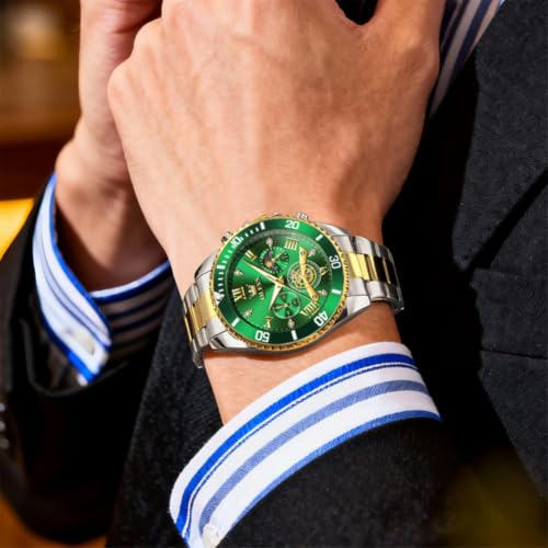 Image of OLEVS Mens Watches Chronograph Luxury Dress Moon Phase Two Tone Stainless Steel Waterproof Luminous Business Calendar Wrist Watch